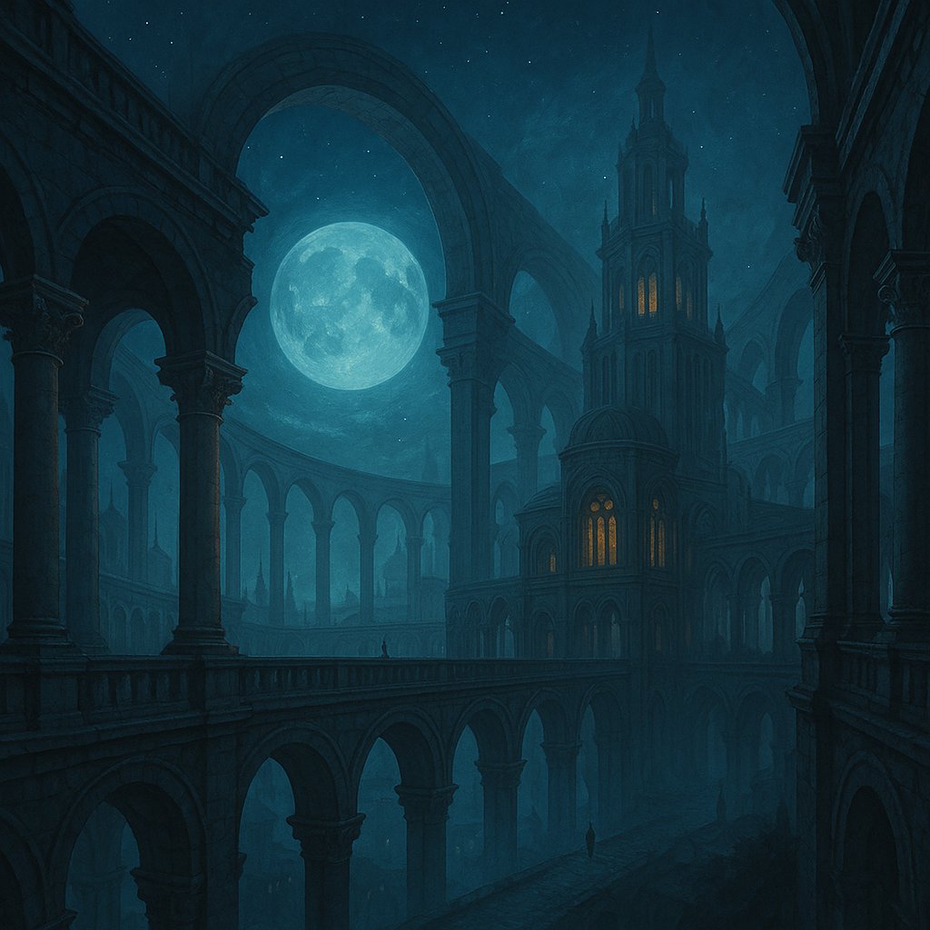 funfungen's tweet image. 🏛蒼月の都市回廊　
蒼き月が空を満たす夜、古の回廊は静かに眠る。石の影が記憶を映し、灯火だけが過去を語る。
 #幻想風景 #月光都市 #回廊