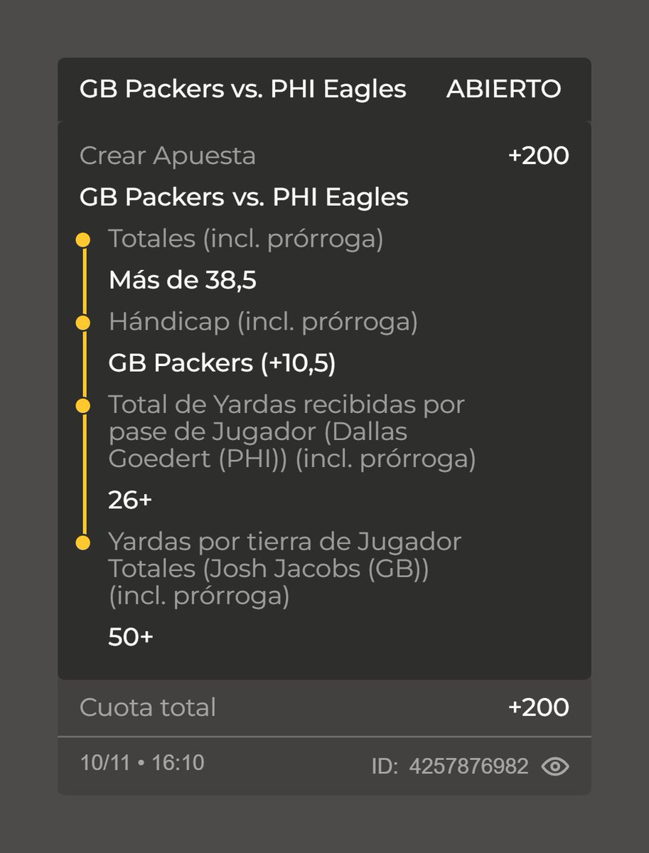 FuriaNFL's tweet photo. Apuesta lista para el #MNF: Eagles vs Packers
Cuota +200 con 4 picks que me hacen creer: Over 38.5 pts, Packers +10.5, Goedert +26 rec yds, Josh Jacobs +50 rush yds
¿Confías en la magia del Lunes por la noche?
#FuriaNFL #NFLBetting #GoPackGo #FlyEaglesFly https://t.co/wf5vZVXvDl