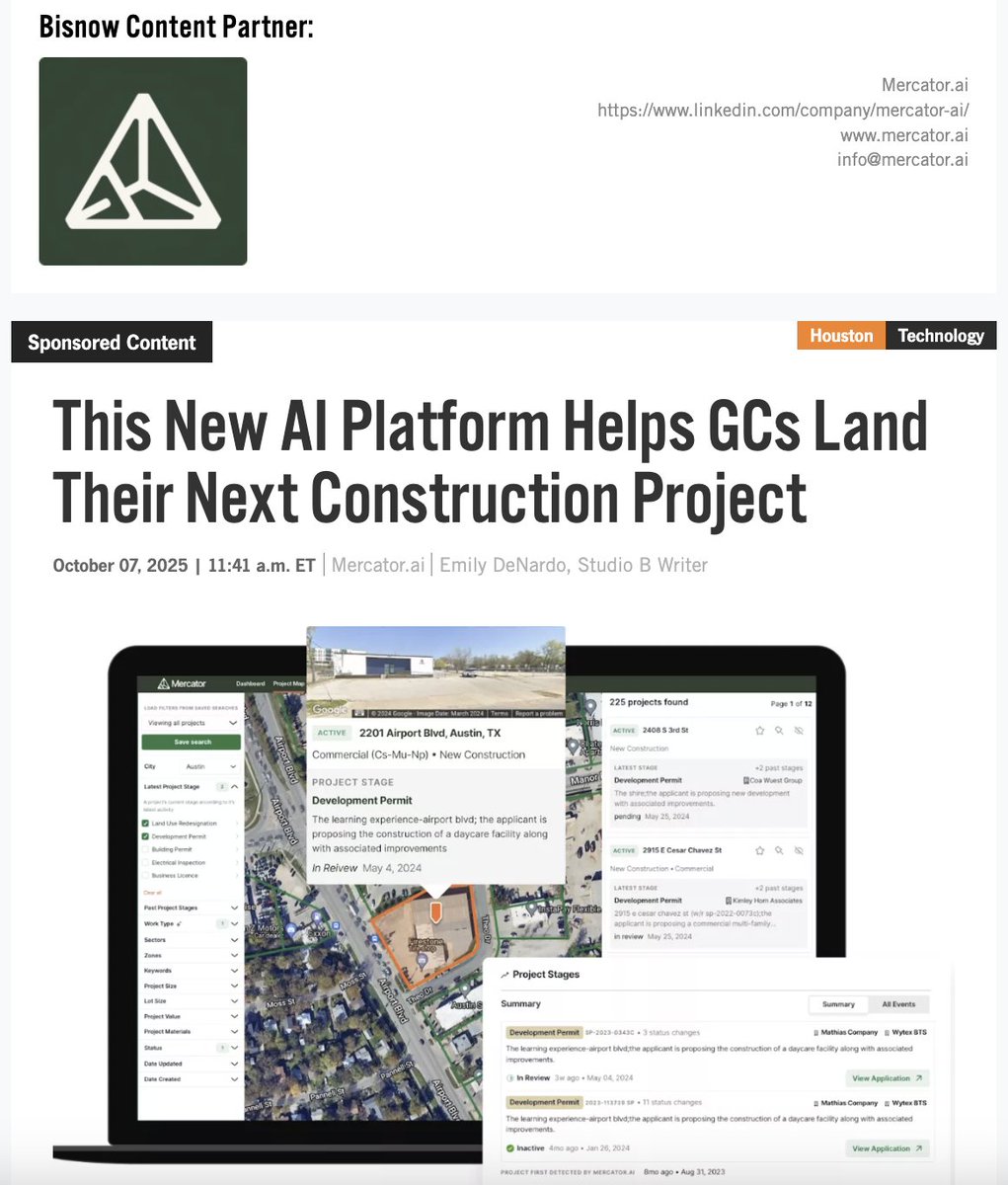 Our AI is shifting the construction industry from last-minute bids to long-term pipeline building. 📈

"We are shifting the industry from last-minute bids to long-term pipeline building," <a href="/Bisnow/">Bisnow</a> 

bisnow.com/houston/news/t…

#ConstructionTech #AI #TexasRealEstate #GCs
