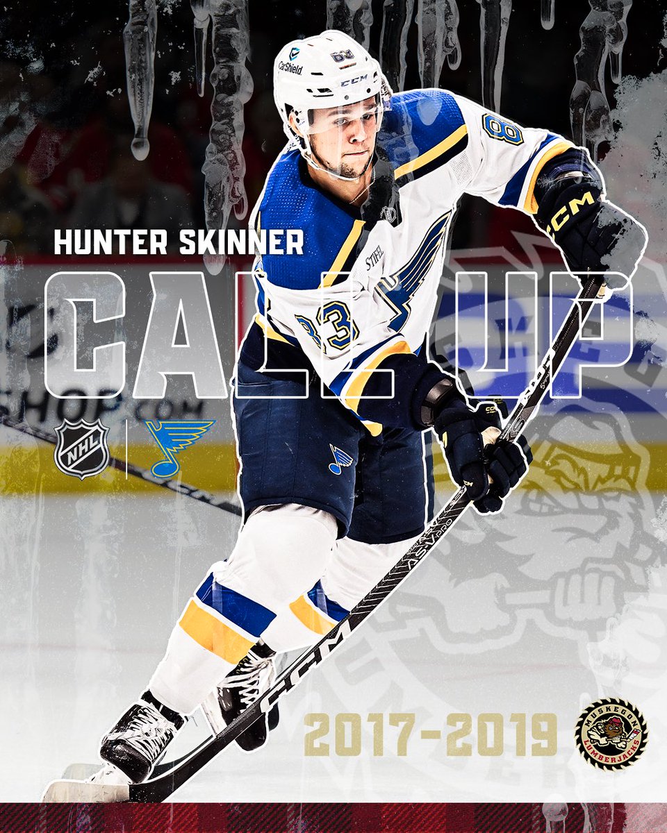 MuskegonJacks's tweet image. Congratulations #Jacksalum Hunter Skinner on bring called up to the St. Louis Blues! Hunter was a Lumberjack from 2017-2019 appearing in 55 games on the blue line in Muskegon. 

Tomorrow night he could make his NHL debut as the Blues take on the Calgary Flames. 

#MKG #USHL
