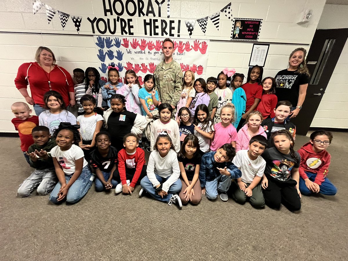 Happy (pre) Veterans Day Celebration today at school! ❤️🤍💙 We were honored to have my son, Peyton, as our special guest, as well!! The students absolutely LOVED getting to learn about his Army job and his recent Kuwait deployment. Thank you for your service. 🇺🇸 <a href="/HumbleISD_TE/">Timbers Elementary</a>