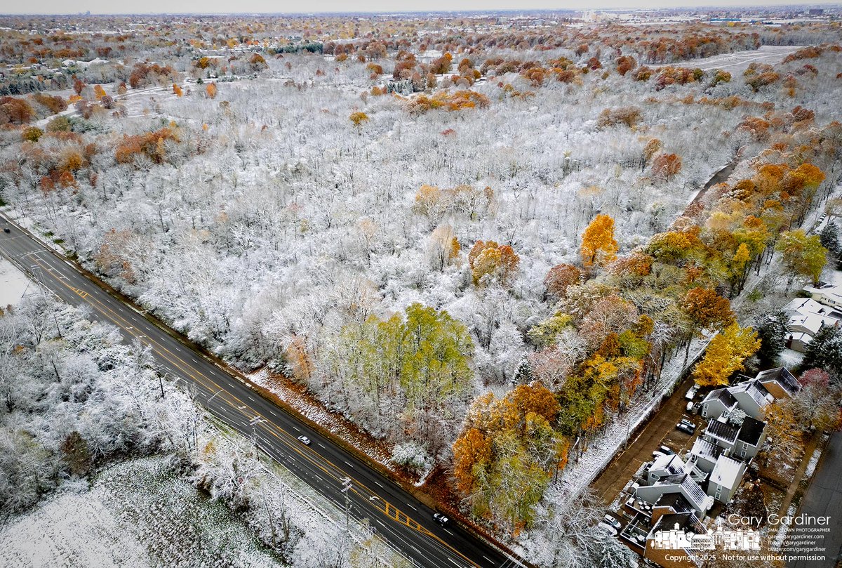 Scattered maples and other deciduous trees retain their fall color through the season’s first snowfall at Sharon Woods Metro Park. My Final Photo for November 10, 2025. rebrand.ly/mfp111025