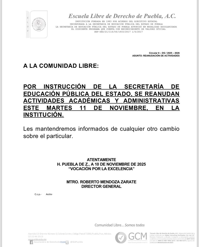 A la comunidad libre:
Por instrucción de la Secretaría de Educación Pública del Estado, se reanudan actividades académicas y administrativas este martes 11 de noviembre, en la institución.
Les mantendremos informados de cualquier otro cambio sobre el particular.