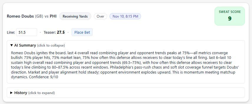 SweatAnalytics's tweet image. Philadelphia Eagles @ Green Bay Packers

OVER 45.5 Total Pts
Jalen Hurts UNDER 29.5 Rushing Yds
Saquon Barkley UNDER 76.5 Rushing Yds
Romeo Doubs OVER 51.5 Receiving Yds
DeVonta Smith OVER 55.5 Receiving Yds
Christian Watson OVER 41.5 Receiving Yds