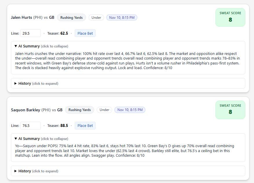 SweatAnalytics's tweet image. Philadelphia Eagles @ Green Bay Packers

OVER 45.5 Total Pts
Jalen Hurts UNDER 29.5 Rushing Yds
Saquon Barkley UNDER 76.5 Rushing Yds
Romeo Doubs OVER 51.5 Receiving Yds
DeVonta Smith OVER 55.5 Receiving Yds
Christian Watson OVER 41.5 Receiving Yds