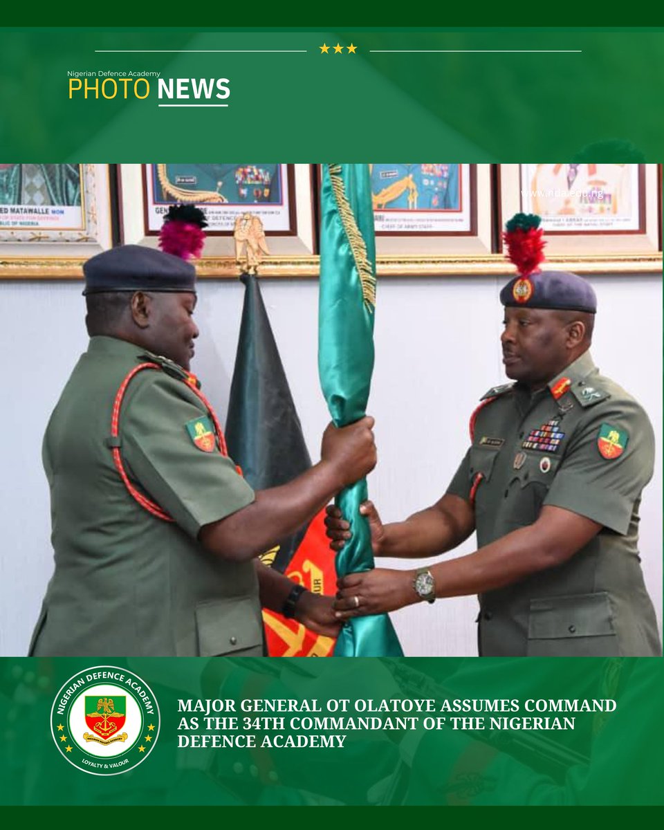 NDefenceAcademy's tweet photo. MAJOR GENERAL OT OLATOYE ASSUMES COMMAND AS THE 34TH COMMANDANT OF THE NIGERIAN DEFENCE ACADEMY
#nigeriandefenceacademy #humansofnda #newcommandant #NDAKaduna #loyaltyandvalour https://t.co/mLFzUCp5pt