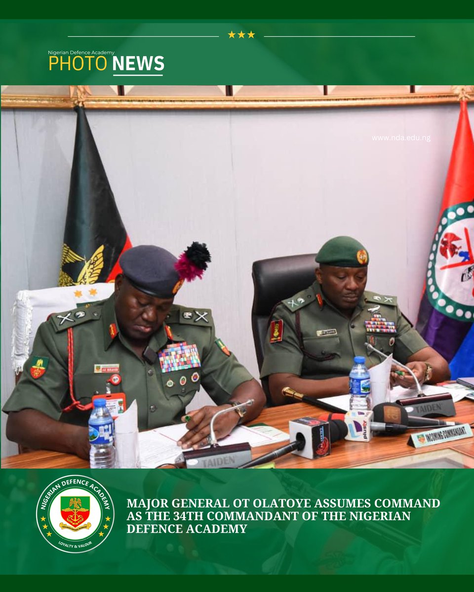 NDefenceAcademy's tweet photo. MAJOR GENERAL OT OLATOYE ASSUMES COMMAND AS THE 34TH COMMANDANT OF THE NIGERIAN DEFENCE ACADEMY
#nigeriandefenceacademy #humansofnda #newcommandant #NDAKaduna #loyaltyandvalour https://t.co/mLFzUCp5pt
