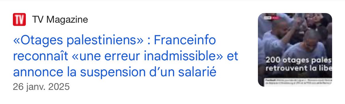 Deux poids, deux mesures chez France info.

Ils suspendent sans sourciller un salarié ayant inscrit justement  « otages palestiniens ».

Qu’attendent-ils pour sanctionner les fake news très graves de <a href="/ABouilhaguet/">Alix Bouilhaguet</a> ?