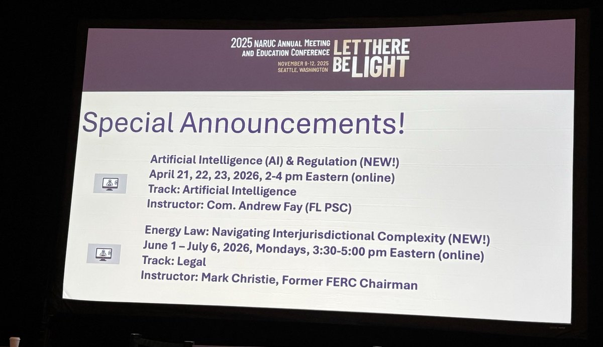 hammel_erin's tweet photo. @NARUC Professional Development live online training courses are expanding with amazing new options! #energylaw, #AIandRegulation, #EVs, #datacenters, #energyatorage and more! Check out our redesigned webpage! https://t.co/zgIb4fSLyp
#NARUCAnnual25 https://t.co/fLNDek8nXW