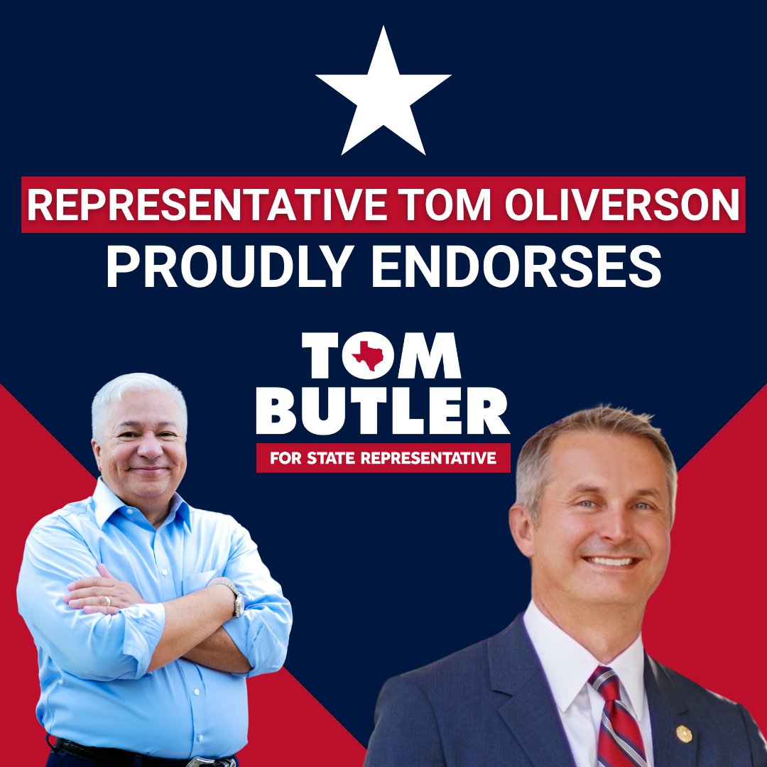 TomButlerTX's tweet image. Grateful to have the endorsement of Rep. @TomOliverson, M.D., Chair of the Texas House Republican Caucus! Together, we'll fight to protect our conservative values, strengthen our communities, and keep Texas the best place to live, work, and raise a family. #txlege
