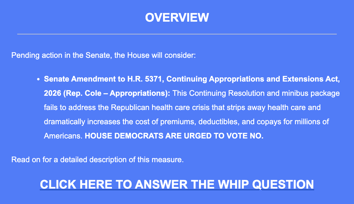 JakeSherman's tweet photo. 🚨NEWS -- HOUSE DEMOCRATIC LEADERSHIP is officially whipping NO on the bill to reopen the government. 

@PunchbowlNews text subscribers got it first.

@bresreports https://t.co/nm9FB1QedY