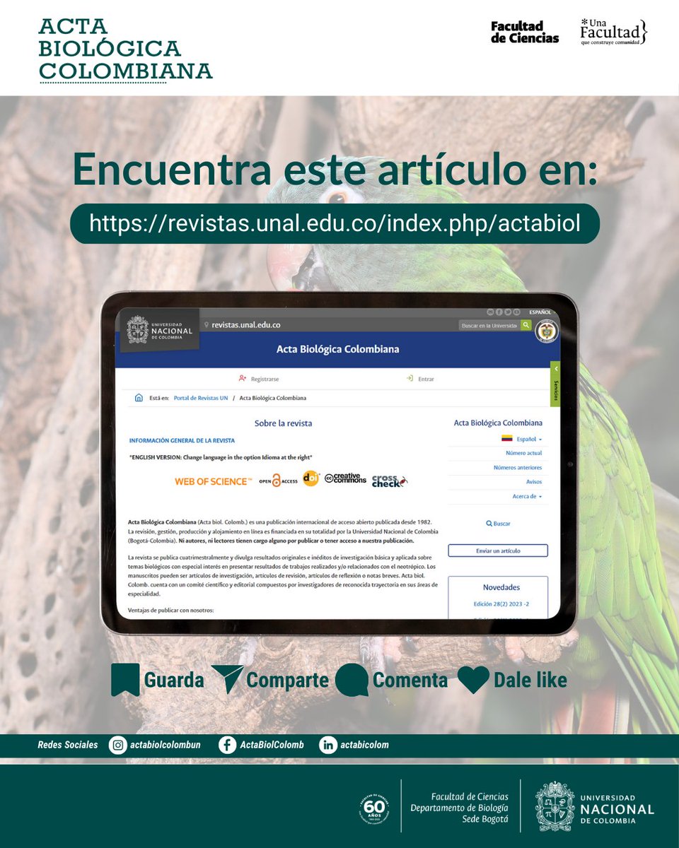 Invitamos a leer uno de los últimos artículos de nuestra revista del Departamento de Biología UN, Acta Biológica Colombiana. Este estudio estimó una prevalencia de 14,28 % de aves con parásitos intestinales, principalmente nemátodos doi.org/10.15446/abc.v…  <a href="/CienciasUNALBog/">Facultad de Ciencias - Universidad Nacional</a>