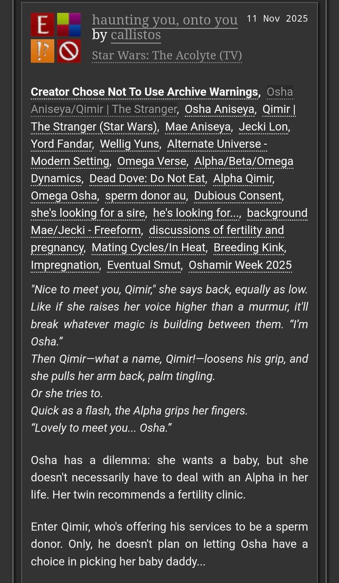caIIistos_'s tweet photo. NEW FIC!

haunting you, onto you 
1/3 | explicit | 7K
#oshamir #myfic #oshamirweek2025

❤️‍🔥 omegaverse
❤️‍🔥 sperm donor au
❤️‍🔥 dead dove
❤️‍🔥 she's looking for a sire and he's looking for...
❤️‍🔥 breeding kink
❤️‍🔥 eventual smut

🔗: below! https://t.co/uFvRkHsd2v