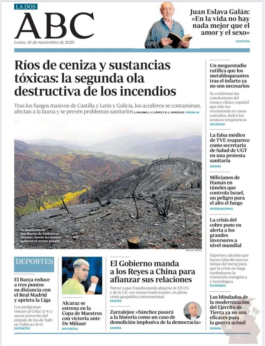 rescodedios's tweet image. Contento de ver cómo en la portada de ABC se hacen eco de los problemas de calidad de aguas derivados de los megaincendios, y de haber podido contribuir al artículo que hay detrás de esa portada con algunas declaraciones, junto con @PacoCastanares