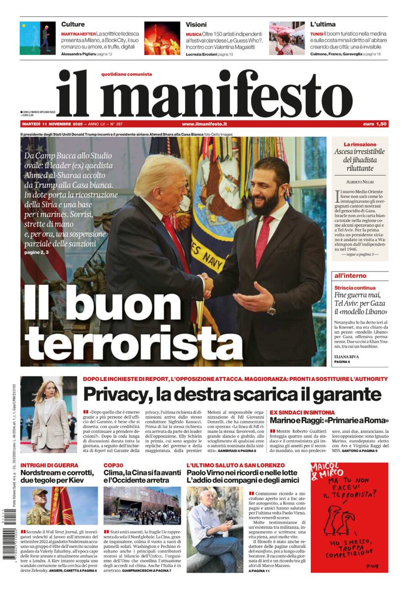 Da Camp Bucca allo Studio ovale: il leader (ex) qaedista Ahmed al-Sharaa accolto da Trump alla Casa bianca. In dote porta la ricostruzione della Siria e una base per i marines. Sorrisi, strette di mano e, per ora, una sospensione parziale delle sanzioni  #11novembre