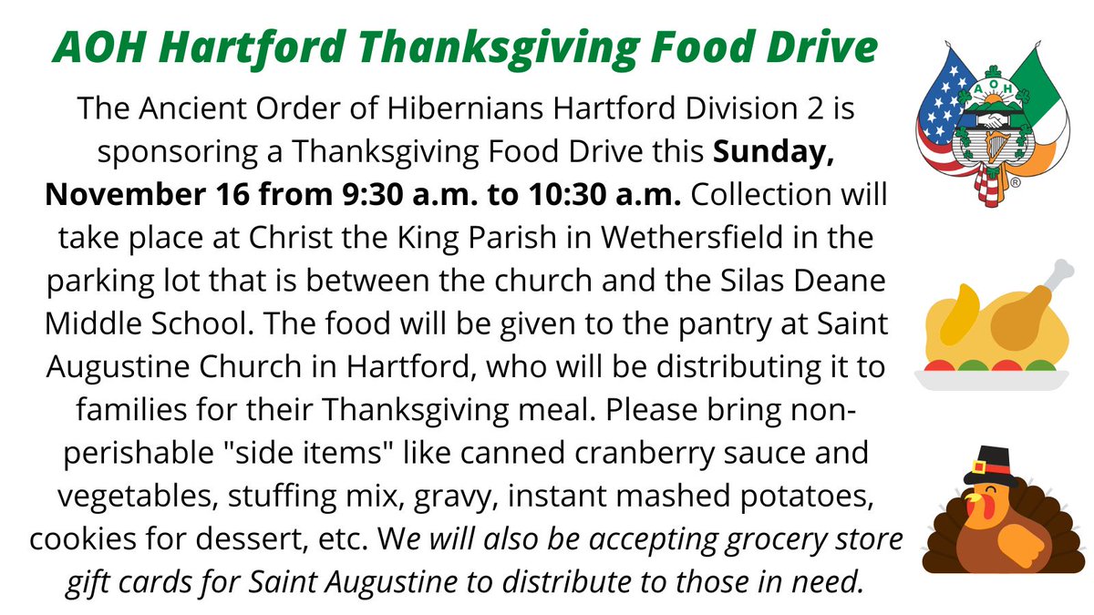 hartfordaoh's tweet image. We will be holding a Thanksgiving Food Drive this Sunday in @WethersfieldCT at Christ the King Parish on the Silas Dean Highway. The need has never been greater so thanks in advance for your support! @WFSBMorningTeam @WTNH @FOX61News @NBCConnecticut @ArchdioceseHart