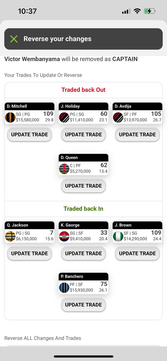 LukeMThompson's tweet photo. @Supercoach_DR Feel like option 2 is the better option, but getting Giannis in on a 4 game week seems like could be the move to make a surge https://t.co/PSyQZFCMOG