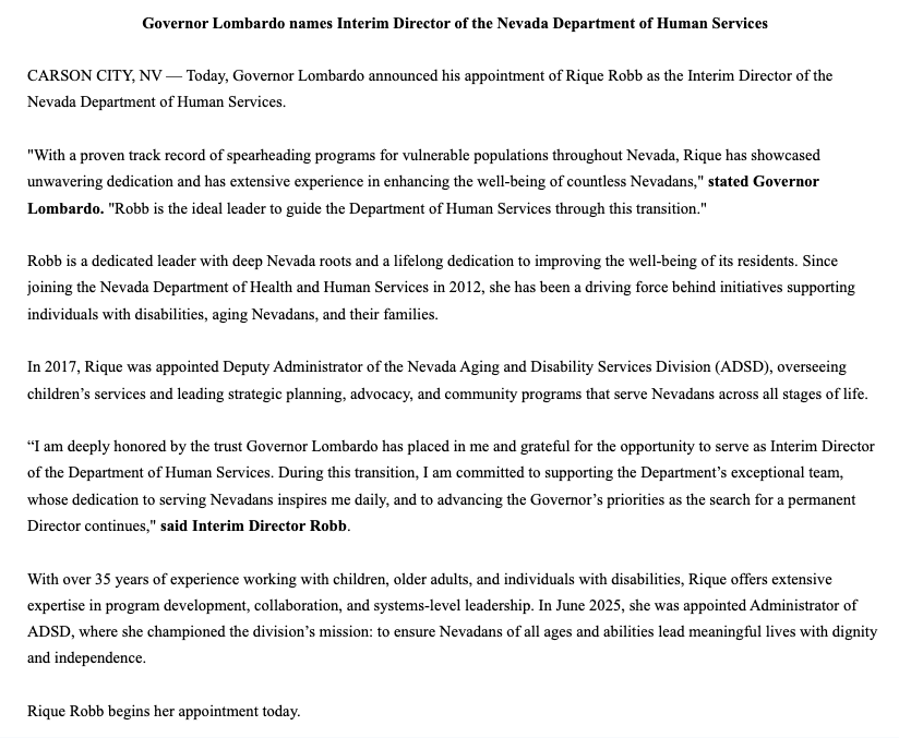Inbox: Gov. <a href="/JoeLombardoNV/">Joe Lombardo</a> names Rique Robb as interim director of the Nevada Department of Human Services. 

Robb begins her appointment today. Previously, she was administrator and deputy administrator of the Nevada Aging and Disability Services Division.