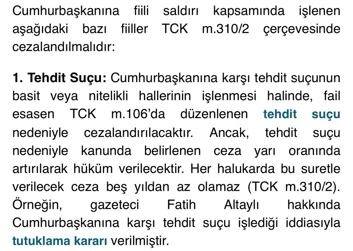 Furkan Bölükbaşı’nın yapmış olduğu gönderi bu suçla ilgili. Suikast falan diye konuşuluyor odada fakat tehdit suçundan cezalandırılabilir. Cezanın alt sınırı beş yıldan az olamaz. Kaynak: Av. Baran Doğan.