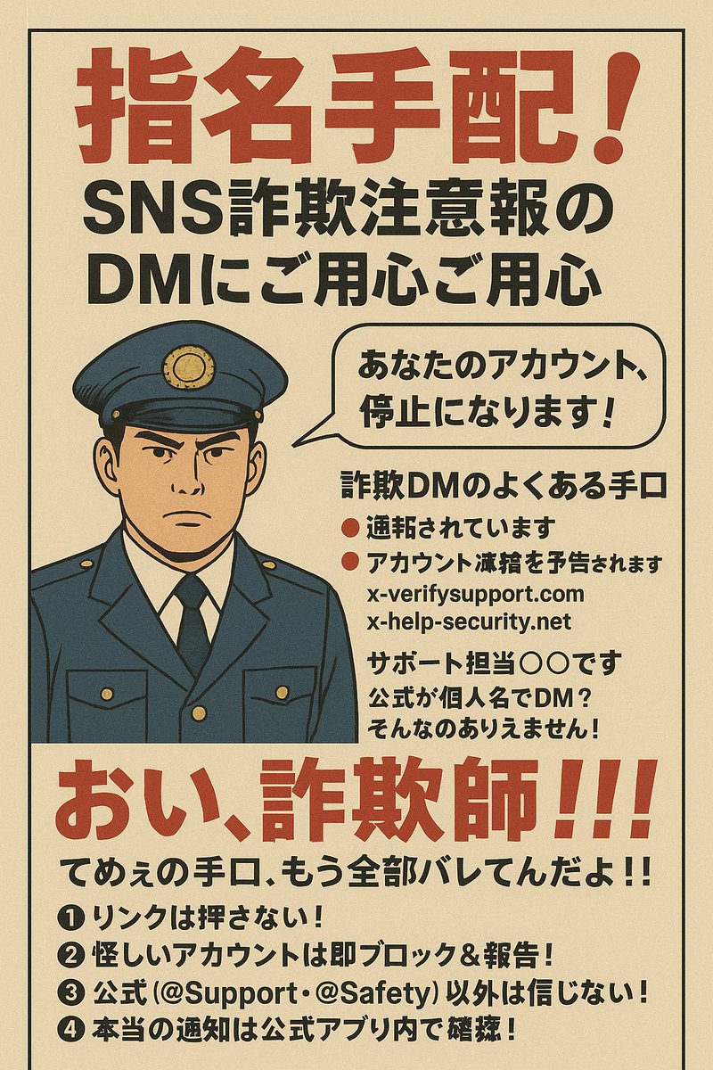 🚨【SNS詐欺注意報】DMにご用心！🚨

👮‍♂️「あなたのアカウント停止になります！」

そんなDMが来ても
落ち着いて深呼吸！それ、ほぼ詐欺です！

✅詐欺DMのよくある手口

💬「通報されました」「凍結予定です」
不安煽ってリンクをクリックさせるワナ！

💢おい、詐欺師！！！