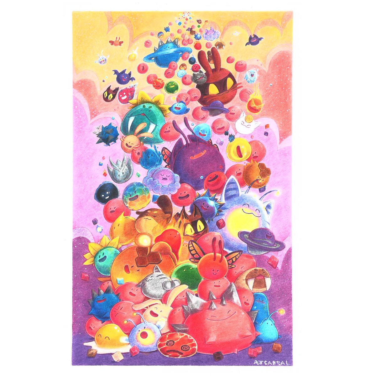 My piece for the Slime Rancher tribute show is on display now at <a href="/gallerynucleus/">Gallery Nucleus</a> ! It is an 11x17" colored pencil piece (with some white paint marker accents). LA folks go check out the show while it's still up!