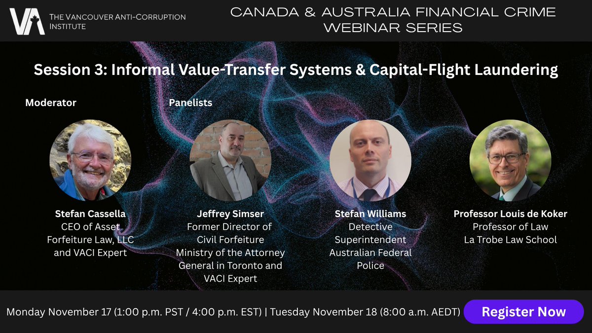 Join us for the third session of the Canada and Australia Financial Crime Webinar Series on November 17 (Canada) / November 18 (Australia), as we explore “Informal Value-Transfer Systems &amp; Capital-Flight Laundering.” #moneylaundering #financialcrime bit.ly/4ogbONy