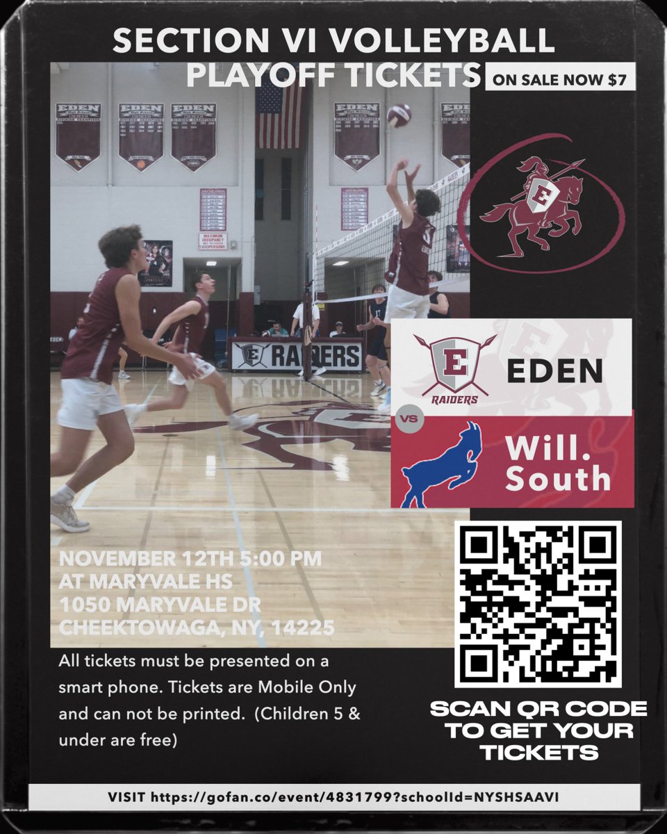 📢
<a href="/EdencsdRaiders/">EdenAthletics</a> Fans!  Get your <a href="/SectionVI/">Section VI</a>
Boys Volleyball Playoff tickets now for Wednesday Night's Game @ Maryvale HS @ 5:00 PM. Purchase online at: gofan.co/event/4831799?……
<a href="/EdenASBC/">Eden ASBC</a> <a href="/EdenCSD/">Eden Central Schools</a>