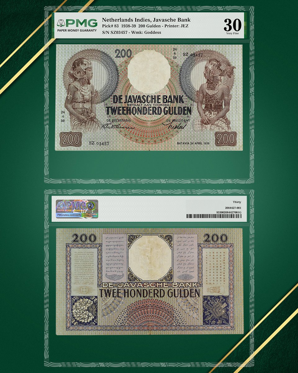 PMGnotes's tweet image. Bidding is already over $10,000 for this Netherlands Indies 1938-39 200 Gulden that&apos;s part of a Nusantara auction this week. Only 21 issued examples are found in the PMG Population Report, and this one is above the media grade. Learn more: tinyurl.com/musxarzs #banknotes…