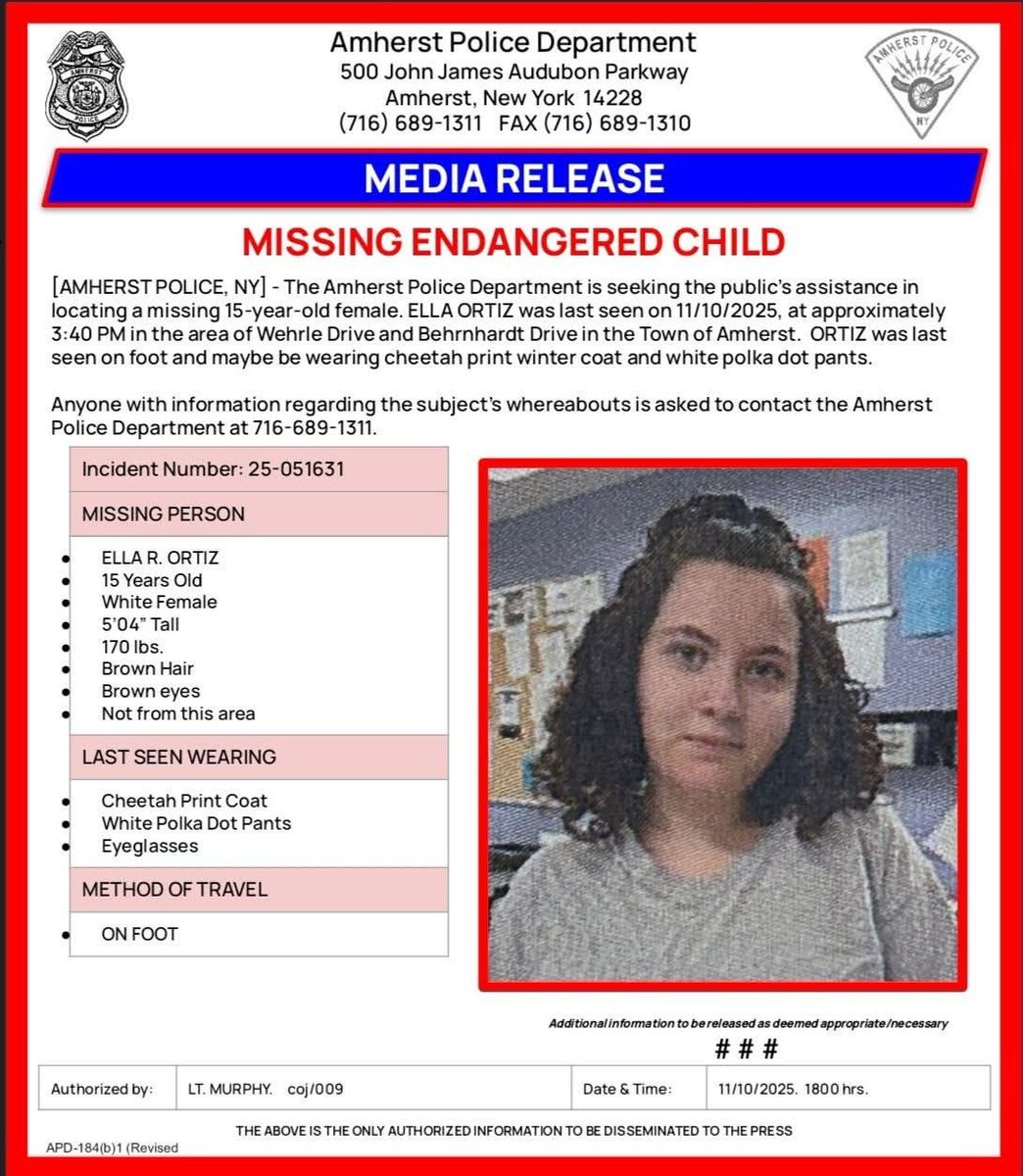 [AMHERST POLICE, NY] -- MEDIA RELEASE:  MISSING ENDANGERED CHILD

#APDMedia🎥 
#AmherstPoliceNY