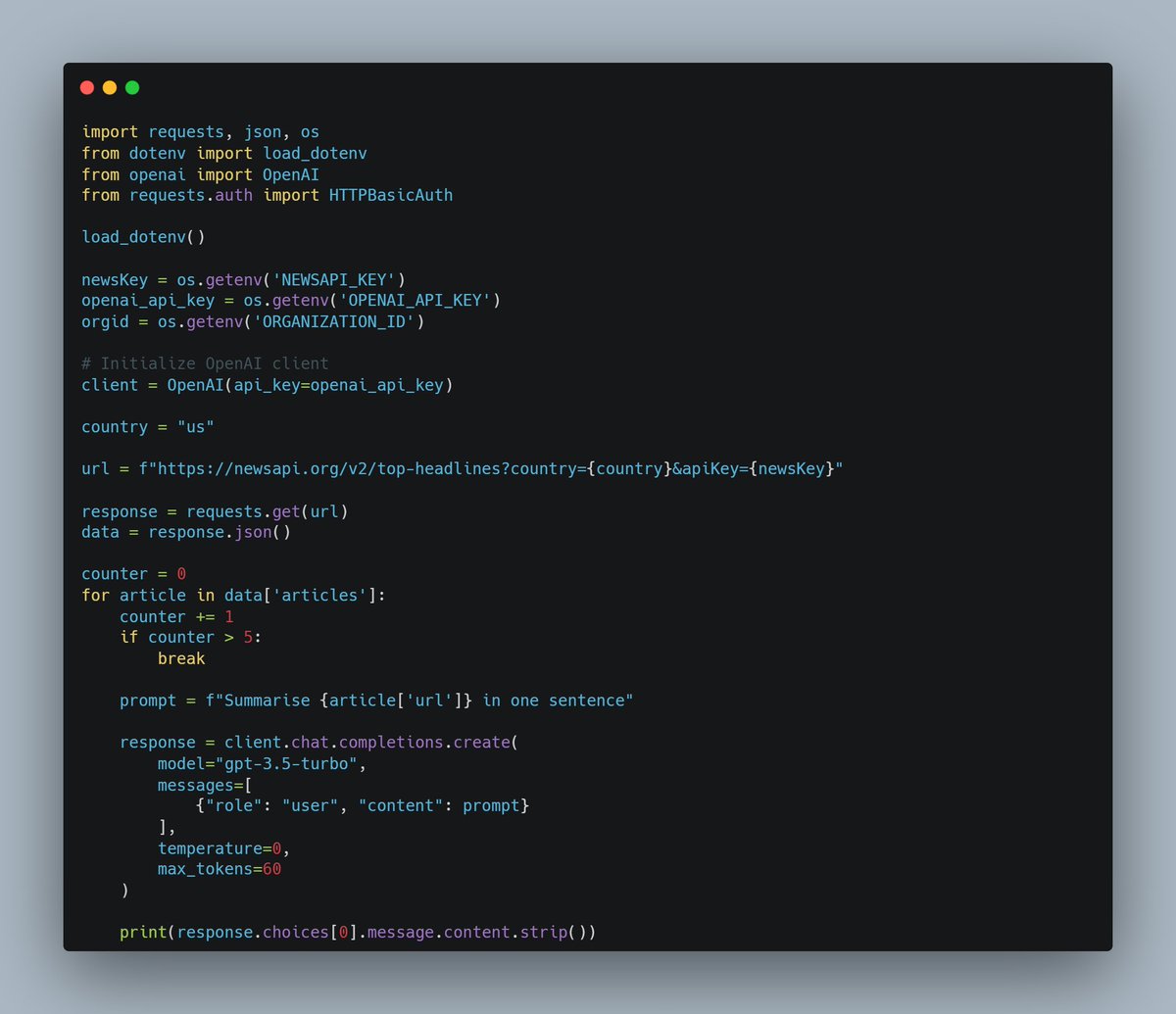 dkingony's tweet image. Day 94 of 100

Today, I learnt how to mashup APIs (integrate multiple APIs). I used the News API to fetch articles and the OpenAI API to generate one-sentence summaries of each story.👨🏾‍💻

#Replit100DaysOfCode #100DaysOfCode #pythonlearningjourney