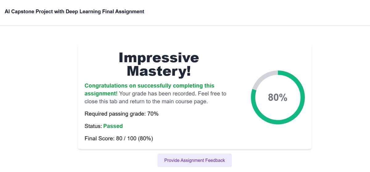 5. submission da geçtim. Projeyi değerlendiren Yapay Zeka insafa mı geldi diye düşünüyorum şimdi..

Coursera IBM AI Engineering Professional Certificate'den