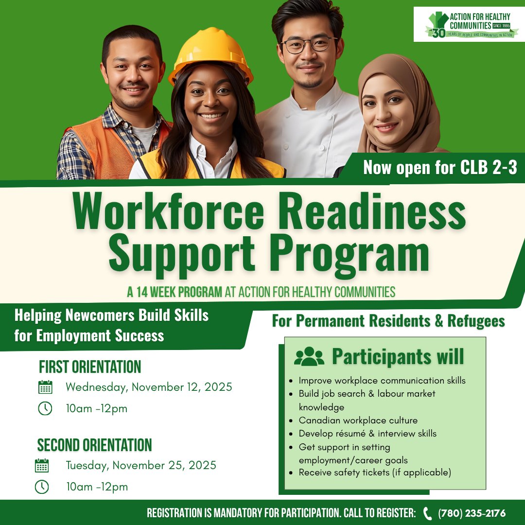 action4hc's tweet image. 🌟 Workforce Readiness Support Program (WRSP) 🌟
For permanent residents &amp;amp; refugees to improve English &amp;amp; work skills.

📅 Orientations (registration required):
Wed, Nov 12 | 10–12 PM
Tue, Nov 25 | 10–12 PM
📞Register: 780 235-2176

#NewcomersCanada #JobReadiness #EnglishForWork