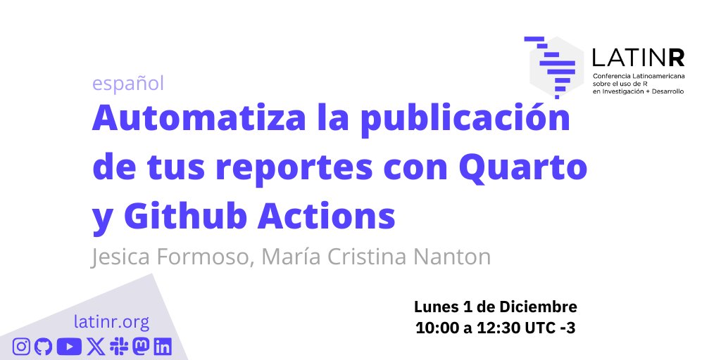 ¿Trabajás con datos y querés publicar tus reportes de forma reproducible y automatizada? 🚀
Con <a href="/bynans1/">María Nanton</a> vamos a dar un taller en <a href="/LatinR_Conf/">LatinR</a> sobre Quarto, GitHub Actions y Pages 😎
📅 1/12 – 10:00 (UTC-3)
👉 Inscribite: lnkd.in/eH4xQ8Bu