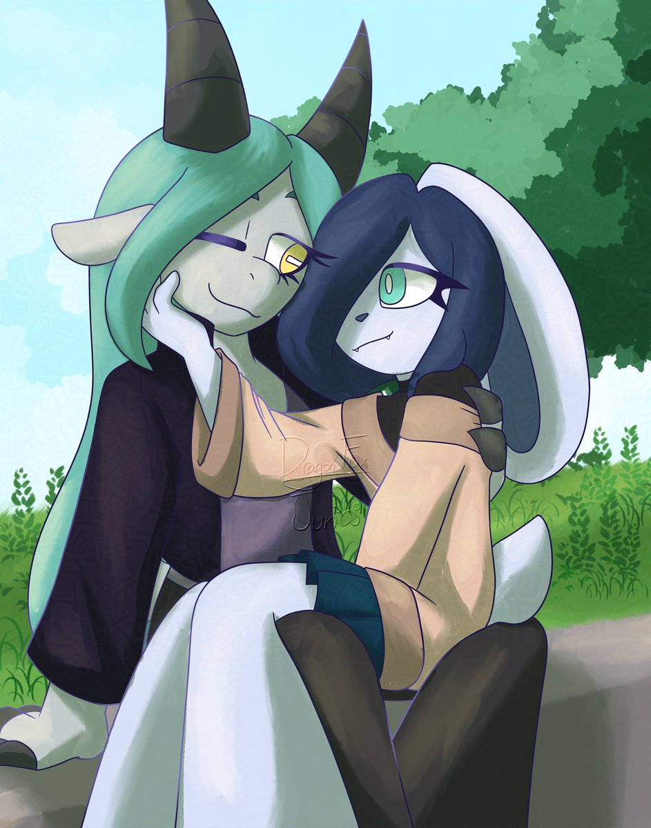 dragon_fox_jun's tweet image. Had an anon on tumblr ask for doodles of my own OCs, which I don’t have due to critter brainrot consuming me for almost 2 years. But them asking had me drawing this and I like how it turned out.
So go my gay OCs
The goat is Laura and the bunny is Ocean Wish

#furryocs