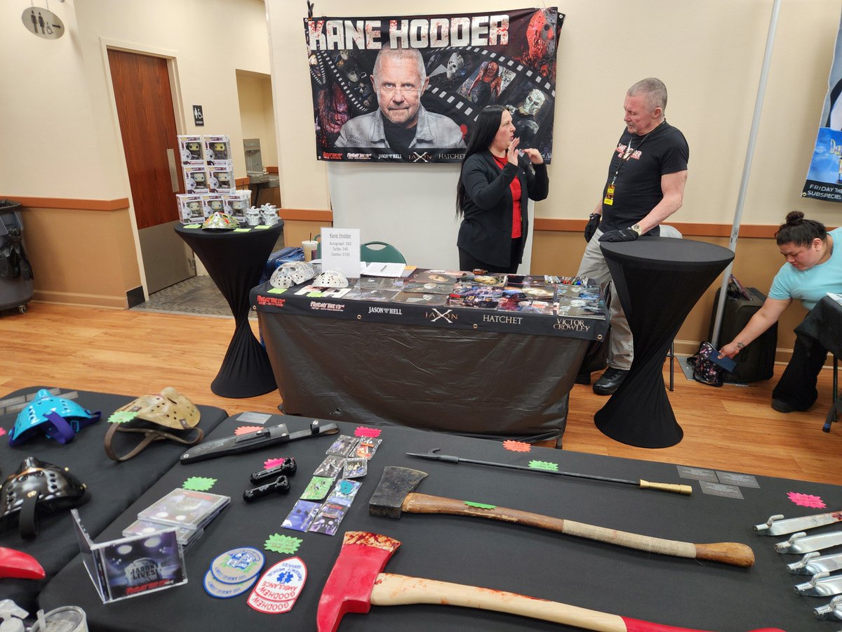 Talk about a good booth location. This pic was taken from inside of my booth at Kings of Horror con this past weekend about 10 minutes before opening on day 1. Literally 5 feet across from Kane Hodders table... #kanehodder #fridaythe13th #jasonvoorhees #kingsofhorror