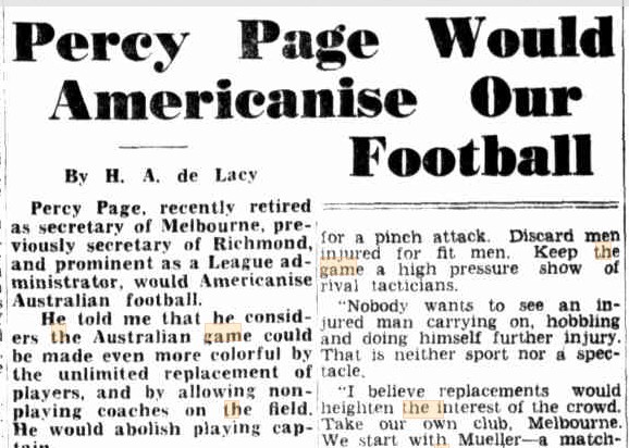Lots of complaints about the #AFL introducing a #Wildcard round and Americanising the game. Long time <a href="/Richmond_FC/">Richmond FC 🐯</a> and <a href="/melbournefc/">Melbourne Demons</a> administrator Percy Page wanted to Americanise the game back in 1942. So this Americanisation push has a long history!
trove.nla.gov.au/newspaper/arti…