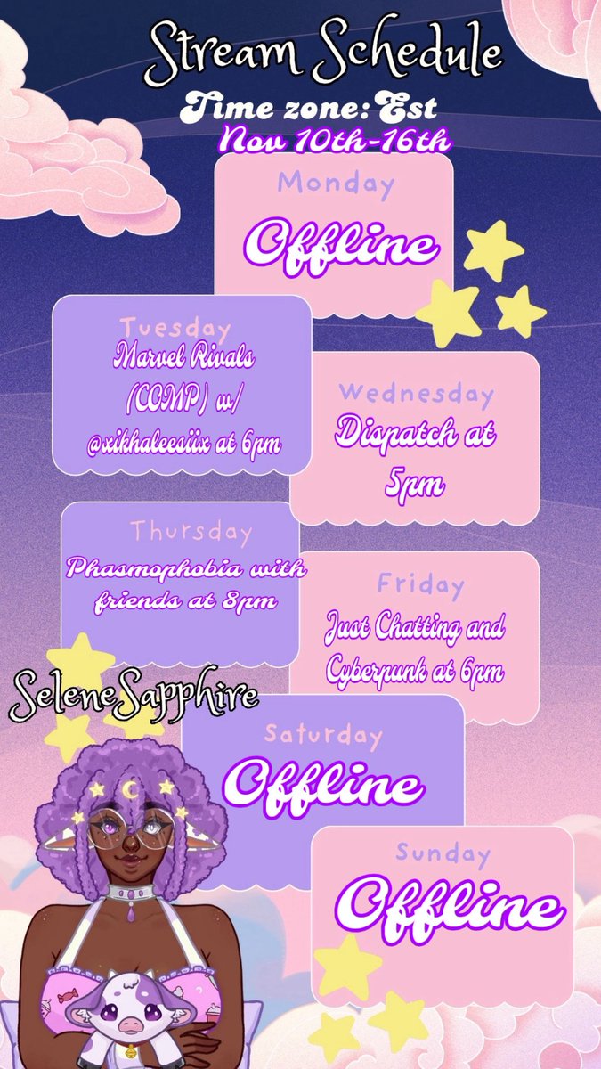 SeleneSapphire's tweet photo. OKAY I KNOW I’M LATE 😭🌙
But the schedule for Nov 10th–16th is HERE, my little starlights 💜🪐
Thank you for sticking with me while I spin around the cosmos chaotically ✨
Let’s be adorable and unhinged all week 😈💫

W/ @xikhaleesiix and @TheWildMeowMeow 

 #Cowvtuber #Pngtuber https://t.co/jKhwxU7Muh