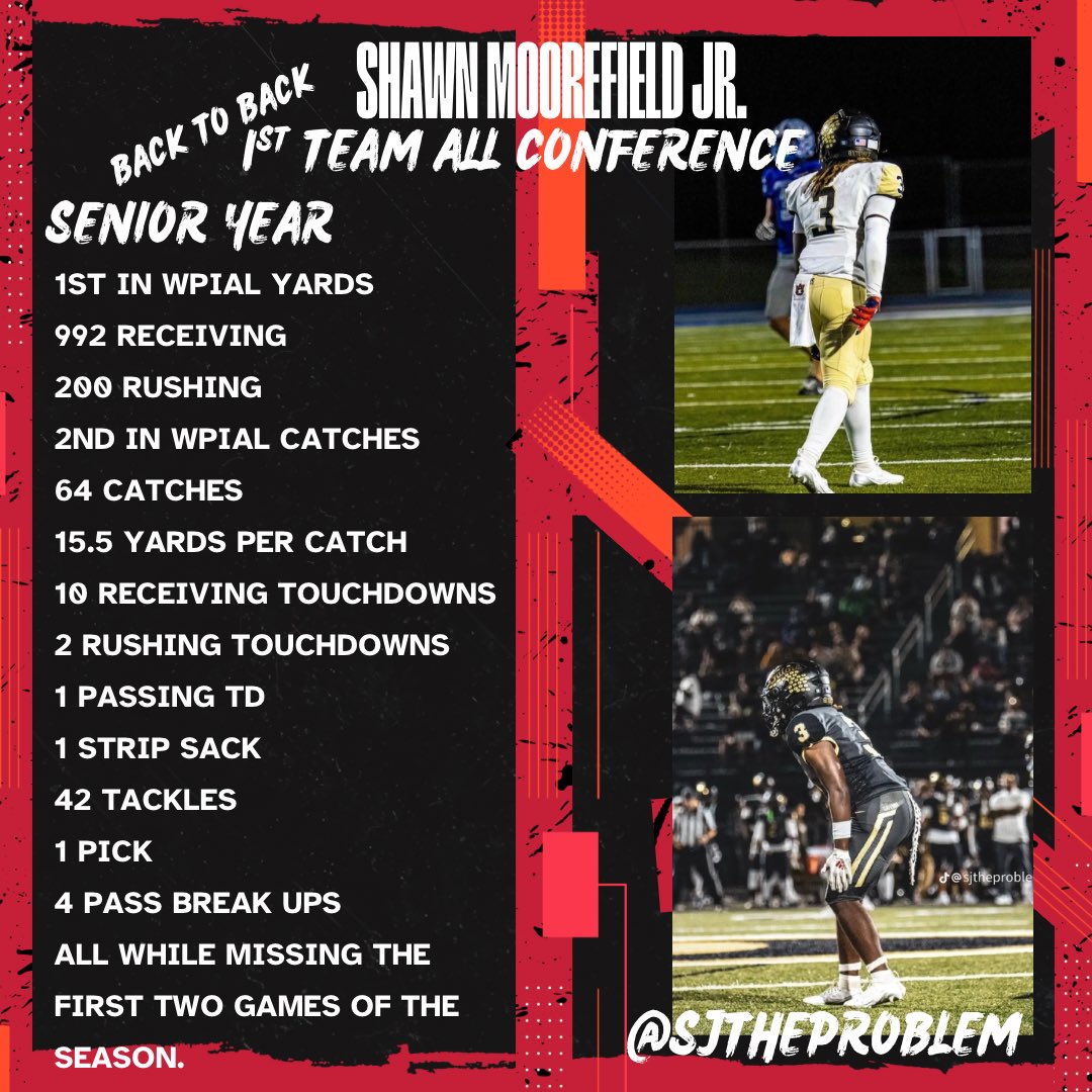 sjtheproblem's tweet image. BACK TO BACK first team all conference, always working. HERE ARE MY STATS‼️
@WPIAL_Insider @CoachPapley @PA_TodaySports @CoachAdamWhite @fbcoachalbright @CoachSalsCalU @DSabock @PrepRedzonePA @PrepRedzone @CoachReamon @DakotaBack_11 @coachkage