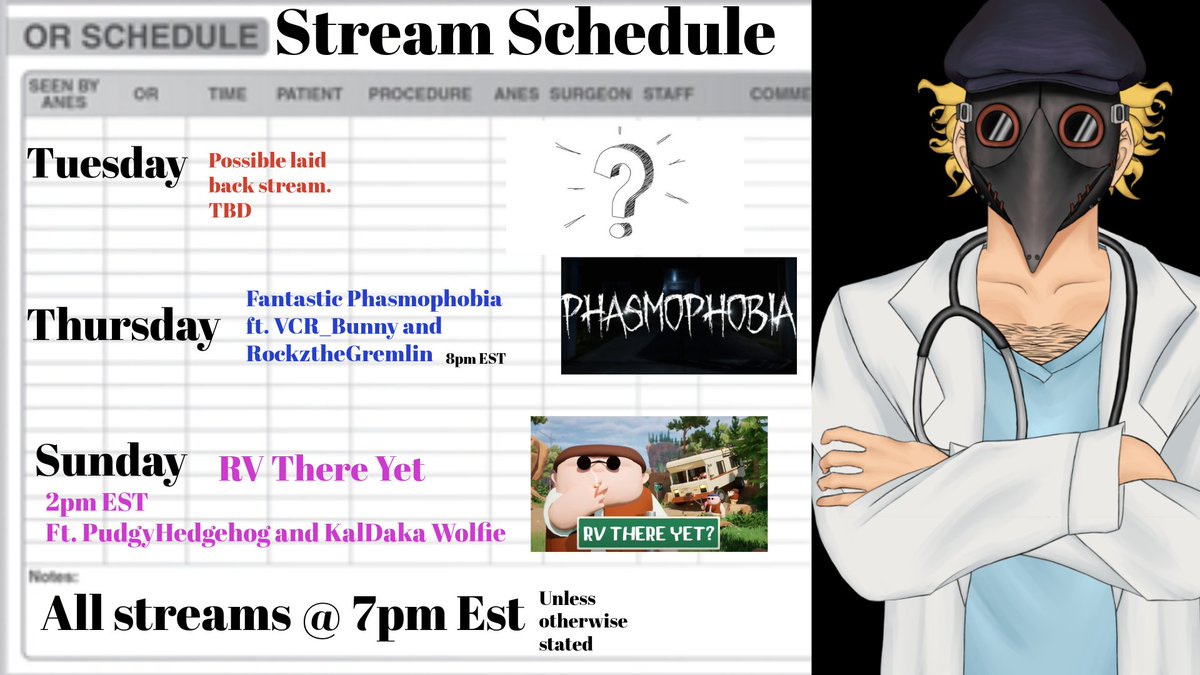Stream Schedule for the week 11/10/25

Tues: TBD
Thurs: Funky Phasmophobia Hijinks with resident scaredy cats <a href="/RockzTheGremlin/">Rockz the Gremlin</a> and <a href="/VCR_Bunny/">VCR Bunny 📼🐰 (COMMISSIONS OPEN)</a> 
Sunday: Road Trip Oopsie, RV There Yet with <a href="/HedgehogPudgy/">Pudgy Hedgehog</a>