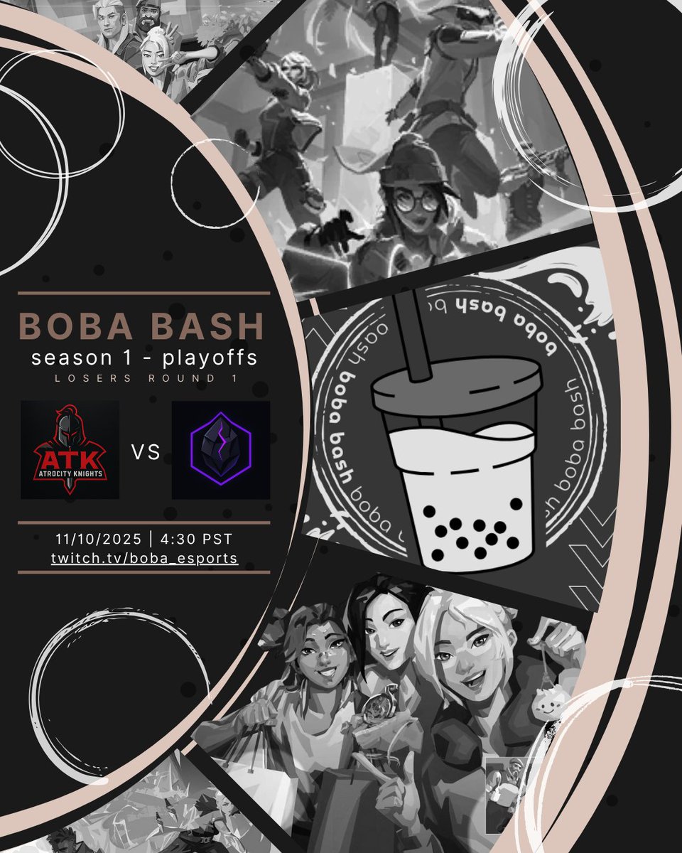 BobaEsports's tweet photo. CAN THESE TEAMS CRAWL BACK TO THE TOP?
Thanox Black Onyx VS Atrocity Knights will be competing to stay in the playoffs @ 4:30 pm PST!
join to see this matchup on https://t.co/hVKJlqBpyM
#bobabash #letsbrewit #makeasplash #valorant #league #playoffs #bobaandbullets #lowers https://t.co/KGyEzDzlX2