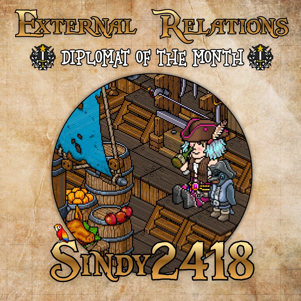 Avast ye! The amazing Sindy2418 was awarded with ExR Diplomat of the Month! Yo ho ho! | created by moonwaves #Habbo #HIA #HIAExRMOTM
