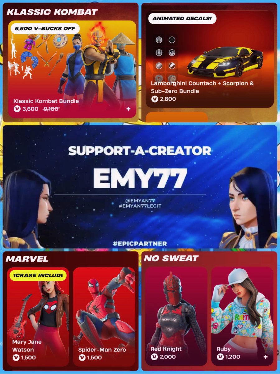 🔥 Item Shop Today 🛍️

🥋 Klassic Kombat Bundle 🥊

🏎️ Lamborghini + Scorpion &amp; Sub-Zero Bundle 🥶

🕷️ Spider-Man Zero &amp; Mary Jane (with pickaxe)

If you grab anything 🥳 please consider using code EMY77 💙 thank you for your support ☺️ #ad
#EpicPartner #Fortnite