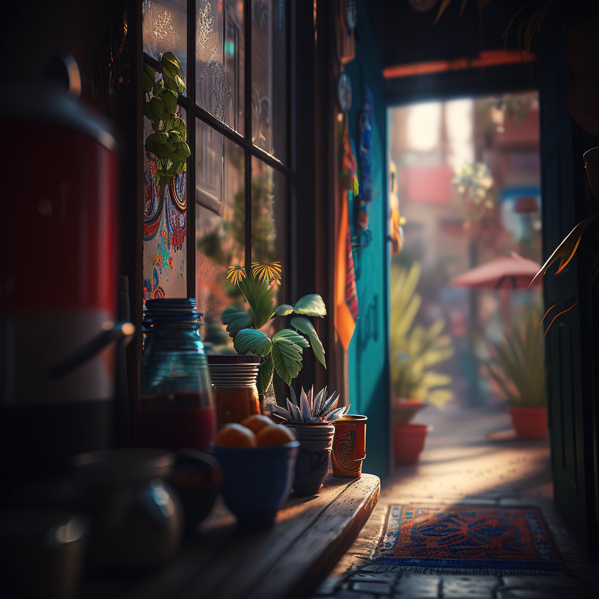 NoBanksNearby's tweet image. 7:50 AM: That golden light slicing through the doorway onto the vibrant rug and fresh greens. This minute is where the world gently awakens, inviting you to savor the quiet warmth before stepping into the day&apos;s rhythm. Feel that calm energy.

#ArtOnChain #CreativeCode #BePresent…