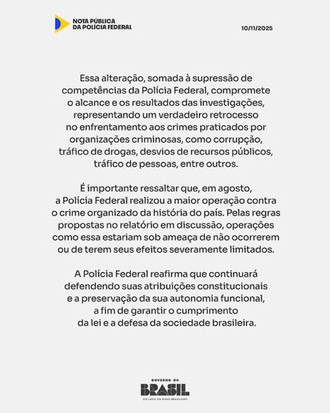 ABSURDO! O relatório do Deputado Guilherme Derrite (PL Antifacção) ignora a expertise da Polícia Federal e joga contra o combate ao crime organizado. A PF alertou em Nota Pública que as mudanças propostas por Derrite enfraquecem as investigações contra a corrupção e o tráfico,