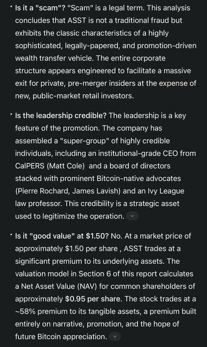 Document page questioning $ASST's legitimacy, leadership credibility, and value, with repeated sections on scam characteristics and valuation; formal, analytical text layout.