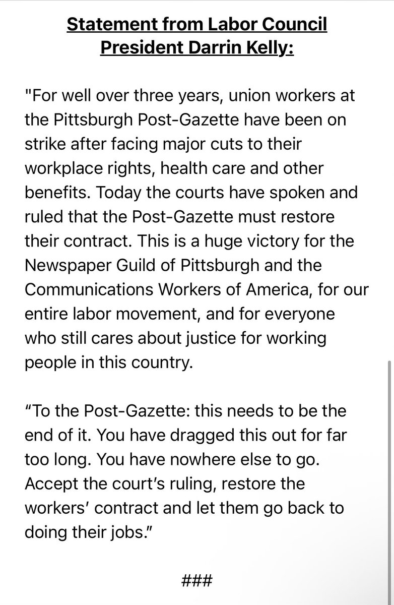 AlleghenyLabor's tweet photo. Today’s court ruling is a huge victory for @PGHGuild, @CWAUnion and @newsguild, for our entire movement, and for everyone who still cares about justice for working people in this country.

To the @PittsburghPG: this has to end now. https://t.co/RXj2WAL6vN