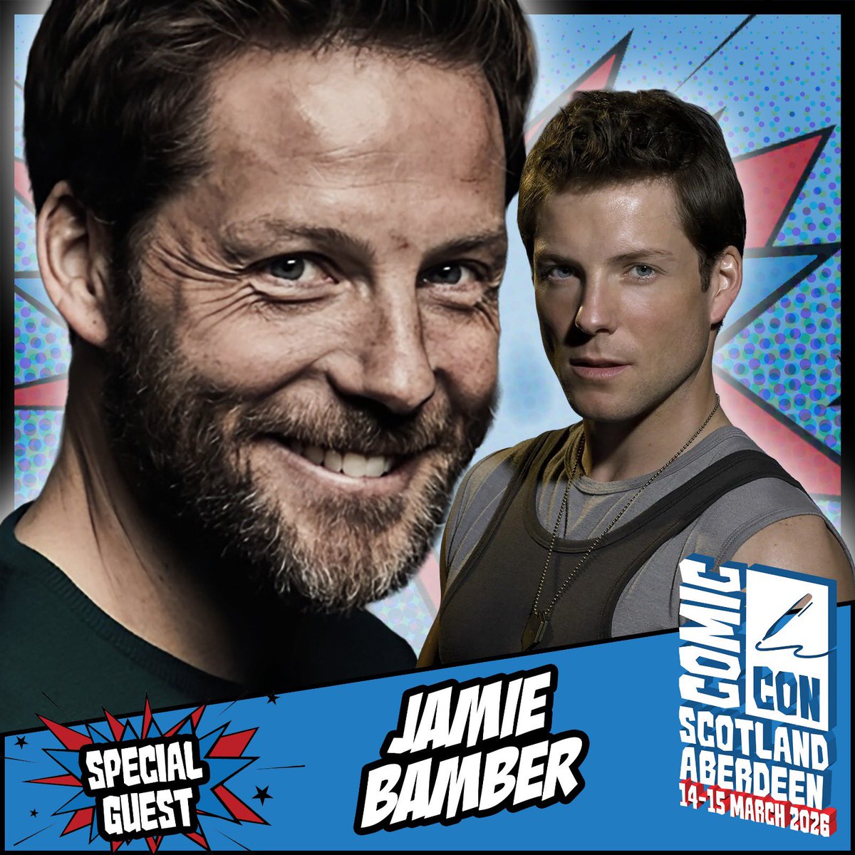 Comic Con Scotland Aberdeen welcomes Jamie Bamber, known for projects such as Battlestar Galactica, Law &amp; Order UK, Marcella, and many more.

Appearing 14-15 March!

Tickets: comicconscotlandnortheast.co.uk