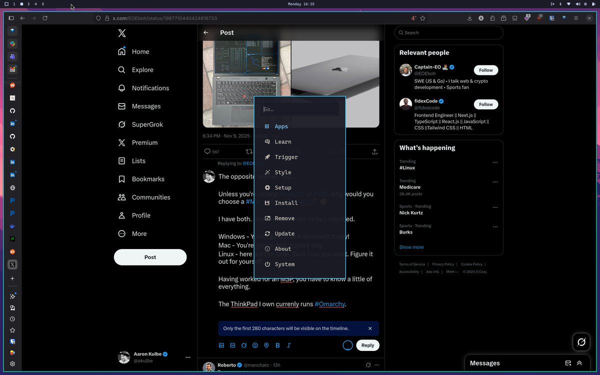 akulbe's tweet image. The opposite applies, too...

Unless you&apos;re writing #macOS or #iOS, why would you choose a #Mac over a #ThinkPad? 😆

I have both. Pick how you want to be controlled.

Windows - You&apos;re gonna do it Microsoft&apos;s way!
Mac - You&apos;re gonna do it Apple&apos;s way.
Linux - here are the tools.…