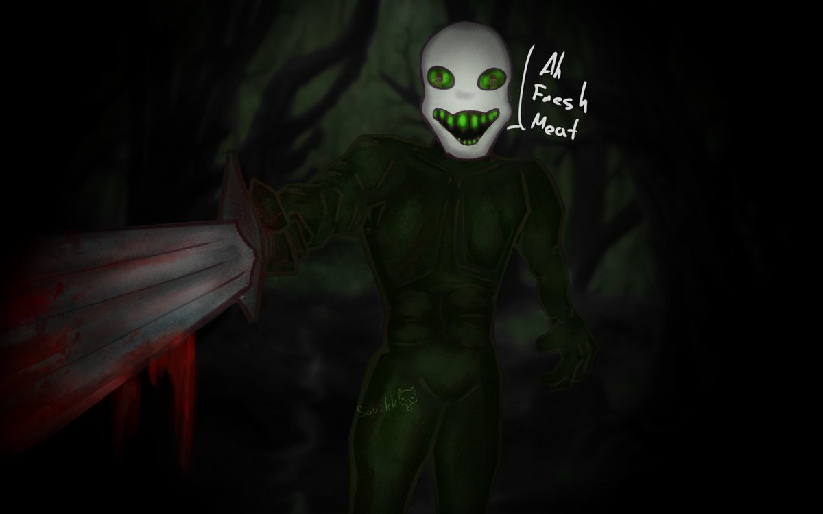 1Sovikk's tweet photo. The background is not mine, I did the shade in a hurry!!
I like Pursuer chase song Famine (especially with lyrics by @Spoogynova ) from RB, so I did sketch and experiment with brushes. It turned out pretty cool <3

#pursuer #horror #roblox #dieofdeath #forsaken https://t.co/xtTPqQ4RAn