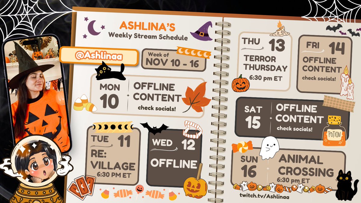 Here is my schedule for the week✨
Gonna hopefully finish up RE: Village &amp; continue decorating our goth fairycore island in Animal Crossing. 

Be sure to drop a follow &amp; keep a lookout for the going live posts ~ twitch.tv/Ashlinaa
